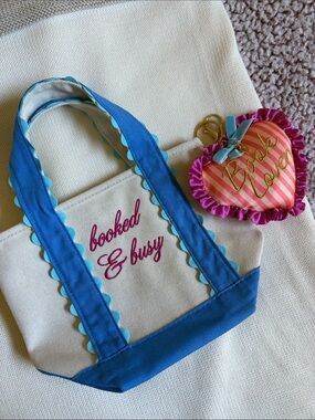 Bookish Analog Mini Canvas Tote with Blue Trim + Pink Heart Charm NWOT